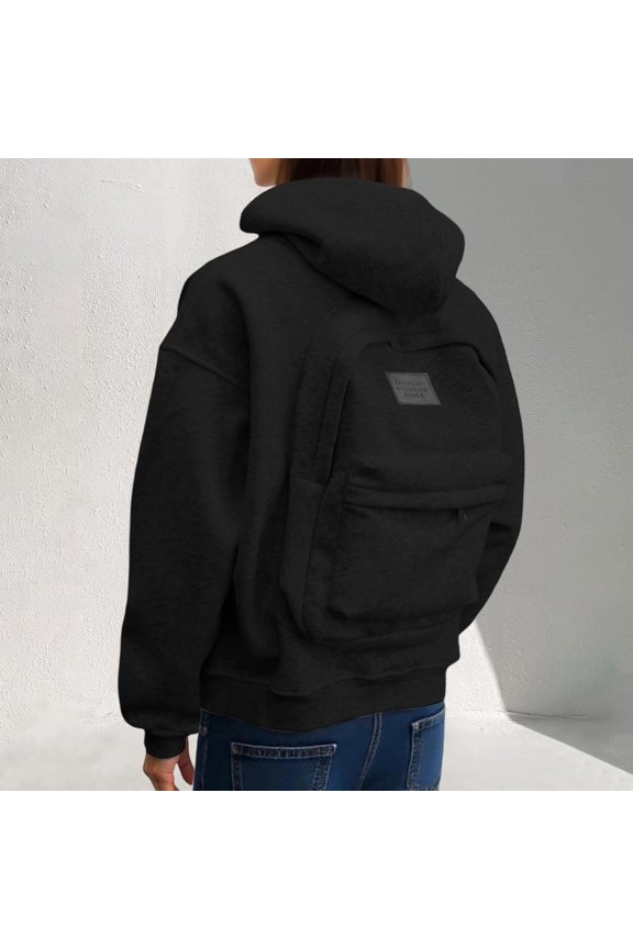 Creative Travel Hoodie with Backpack, Unisex Zipper Backpack Hoodie Sweaters Solid Sweatshirt (Black 5)