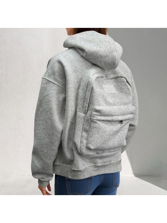 Creative Travel Hoodie with Backpack, Unisex Zipper Backpack Hoodie Sweaters Solid Sweatshirt (Light Gray 2)