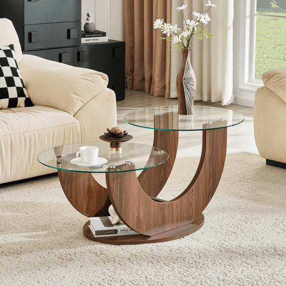 Creative U-Shaped Double-Tier Glass Coffee Table with Wood-Grain MDF Base, Modern Minimalist Side Table for Living Room, Tempered Glass Top, 45.3"L x 23.6"W x 19.6"H, Walnut