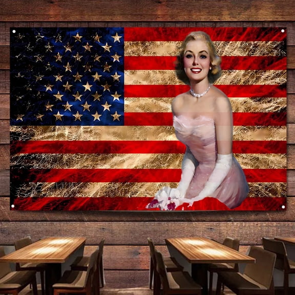 Creative Vintage American flag with Sexy Girl Wall Art Poster Hanging Banner 38" x 57"