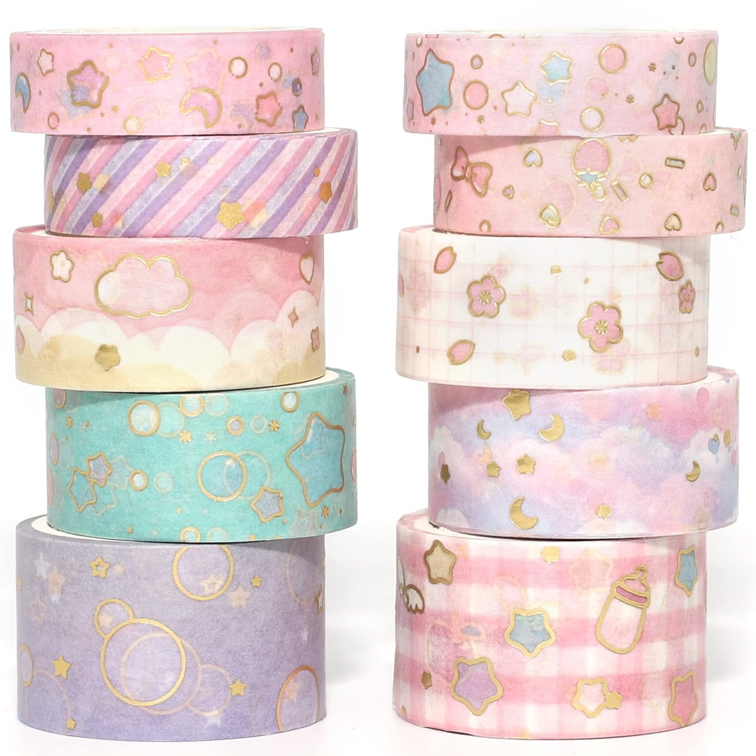Creative Washi Tape Set Gold Foil Print Decorative Masking Tapes for Arts, DIY Crafts, Journals, Planners, Scrapbook, Wrapping