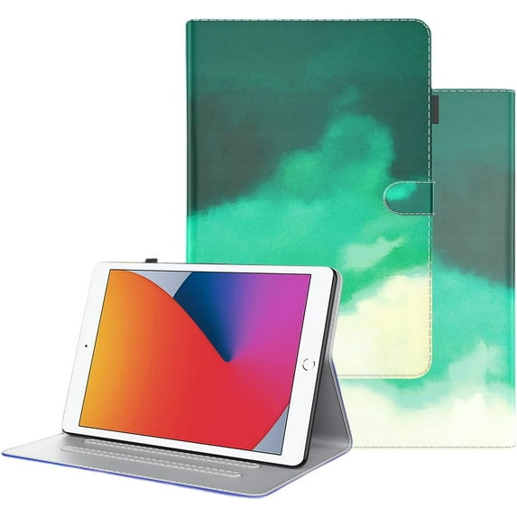 Creative Watercolor Leather Tablet Case with Kickstand Card Slots Pen Holder for Samsung Galaxy A7 A8 A 10.1 8.0 S6 S7 S8 Plus FE Lite Charming Colorful Shell(Green,A7 Lite 2021 T220 T225)