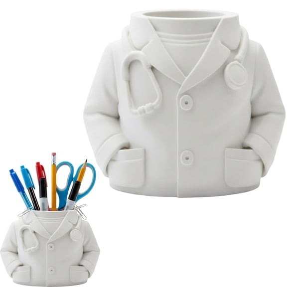 Creative White Resin Doctor Coat Pen Holder, Unique Medical Theme Desk Organizer, Desktop Pencil Cup, Office Stationery Storage, Novelty Gift for Doctors Nurses Students (15×11cm)