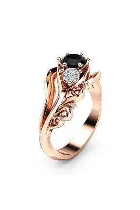 New Creative Witch Ring Unique Black Stone Prong Setting Twist Band Design Rose Gold Color Women Engagement Finger Rings