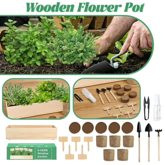 Creative Wooden Herb Window Garden Kit With Planting Tools, 5 Herb Pots, Sprayer, Pruner, Labels & Coir Discs - Indoor Planting Set For Kids & S, Ideal For Home Window Sills,