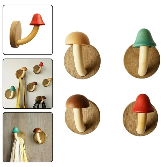 Creative Wooden Mushroom Clothes Hook Bathroom Clothes Hanger Self Adhesive Wall Hanger Organize Storage Hook wood Smile Home