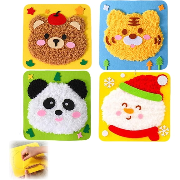 Creative Wool Craft Kit for Kids, Educational DIY Cartoon Animal Hand-Sewing Embroidery Toys, Easy Fun Sewing Kit for Beginners (Set E)