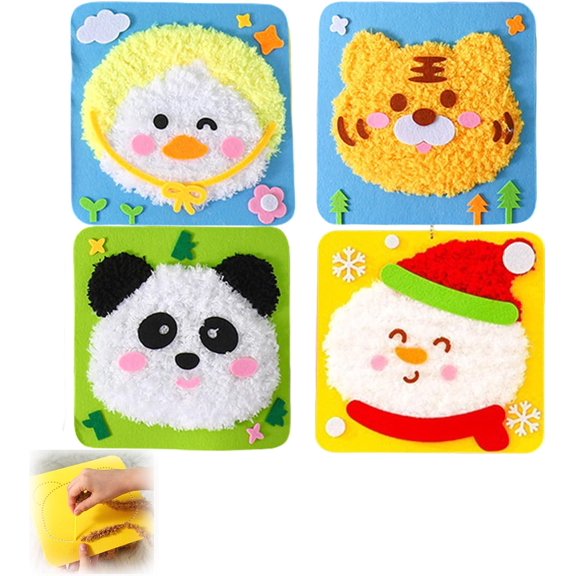 Creative Wool Craft Kit for Kids, Educational DIY Cartoon Animal Hand-Sewing Embroidery Toys, Easy Fun Sewing Kit for Beginners (Set E)