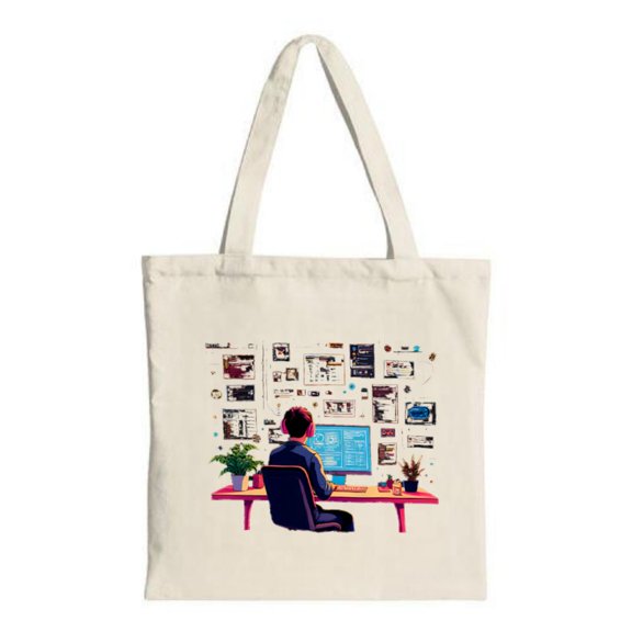 Creative Workspace Tote Bag: Canvas bag featuring a vibrant illustration of a person at a desk perfect for shopping travel and parties