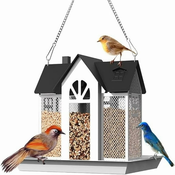 Large White Anti-Squirrel Wild Bird Feeder - Swing Design, Metal Mesh, Triple Ports for Cardinals, Durable Construction