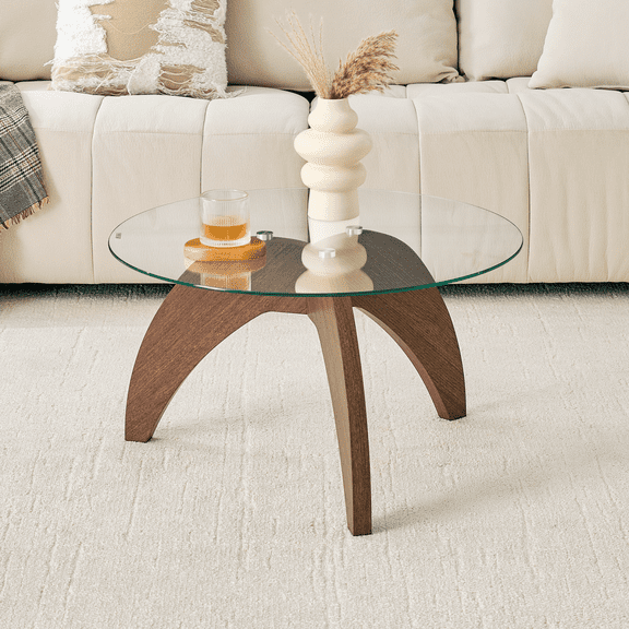 Creative claw-style triangular-leg round coffee table, approximately 27.5 inches in diameter, featuring a clear tempered glass top and walnut-colored MDF. Perfect as a living room coffee table