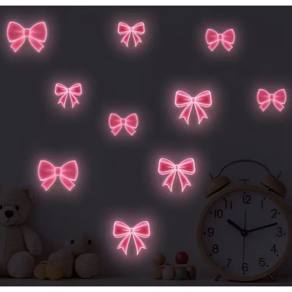 Creative pink luminous bow decorative stickers, self-adhesive PVC stickers, suitable for living room, bedroom, study room wall DIY decoration stickers, home decoration stickers