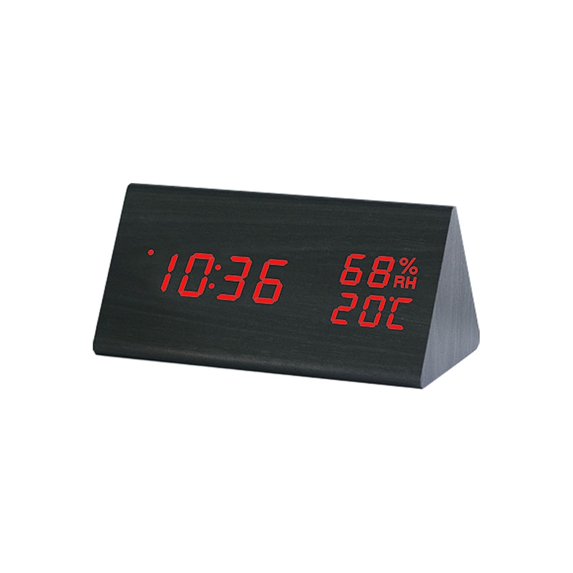 Creative triangle alarm clock, time, temperature, humidity display,Black wood + red font