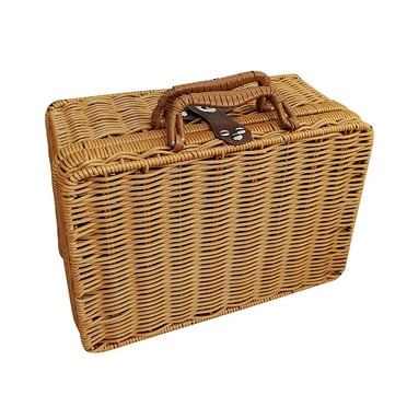 CreativeArrowy Seagrass Baskets Wicker Storage Rattan Artificial Woven Wooden Leather Look Strap Lock Organizer Suitcase 8.7*3.9*6.7 in