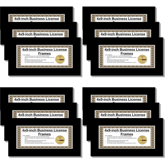 CreativePF [4x9bk] Business License Frame with Self Standing Easel and Wall Hanger for More Versatility (12, Black)