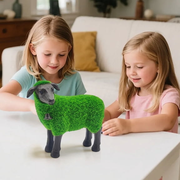 Creatives Bells-Adorned Flocked Sheep Resin Ornament Black-Face Green-Body Lamb Figurine For Indoor/Outdoor Decoration M