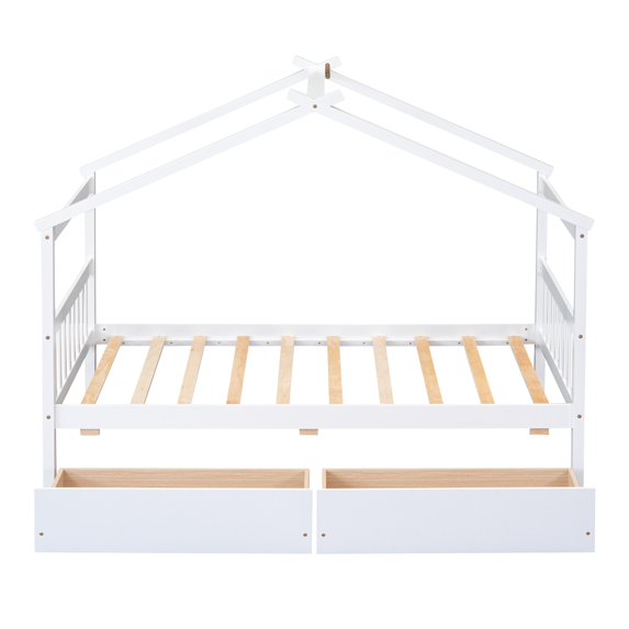 Creativity House Bed Twin Size with 2 Wood Drawers for Boys Girls, Wood Platform Bed Frame with Roof No Box Spring Needed White - Twin