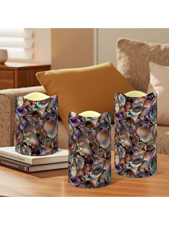 Creativity Printed Flameless Candles with Remote Control, Wave Top Pillar LED Candles for Wedding Holiday Table Home Decorations,Set of 3, Different Sizes