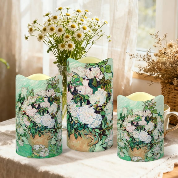 Creativity Printed Flameless Candles with Remote Control, Wave Top Pillar LED Candles for Wedding Holiday Table Home Decorations,Set of 3, Different Sizes