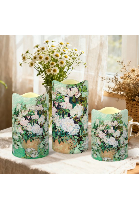 Creativity Printed Flameless Candles with Remote Control, Wave Top Pillar LED Candles for Wedding Holiday Table Home Decorations,Set of 3, Different Sizes