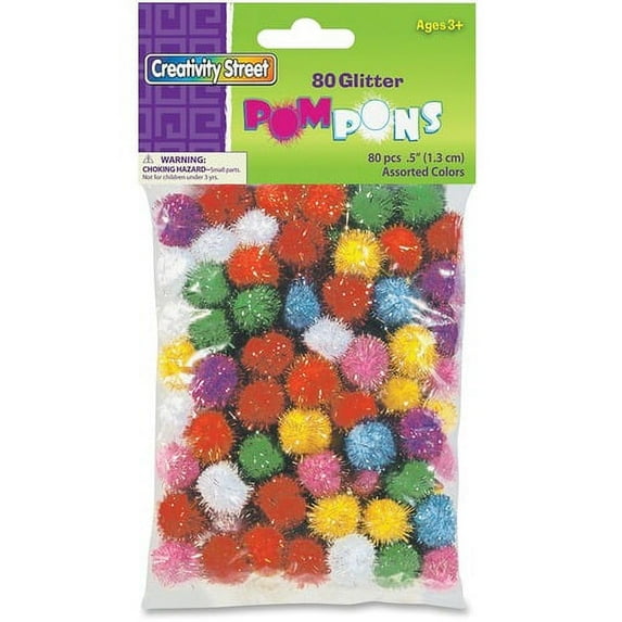 Creativity Street 1/2" Glitter PomPons - Art, Craft, Decoration, Jewelry, ClassRoom Project - 80 Piece(s) x 0.5"Diameter - 1 / Pack - Assorted - Acrylic | Bundle of 10 Packs