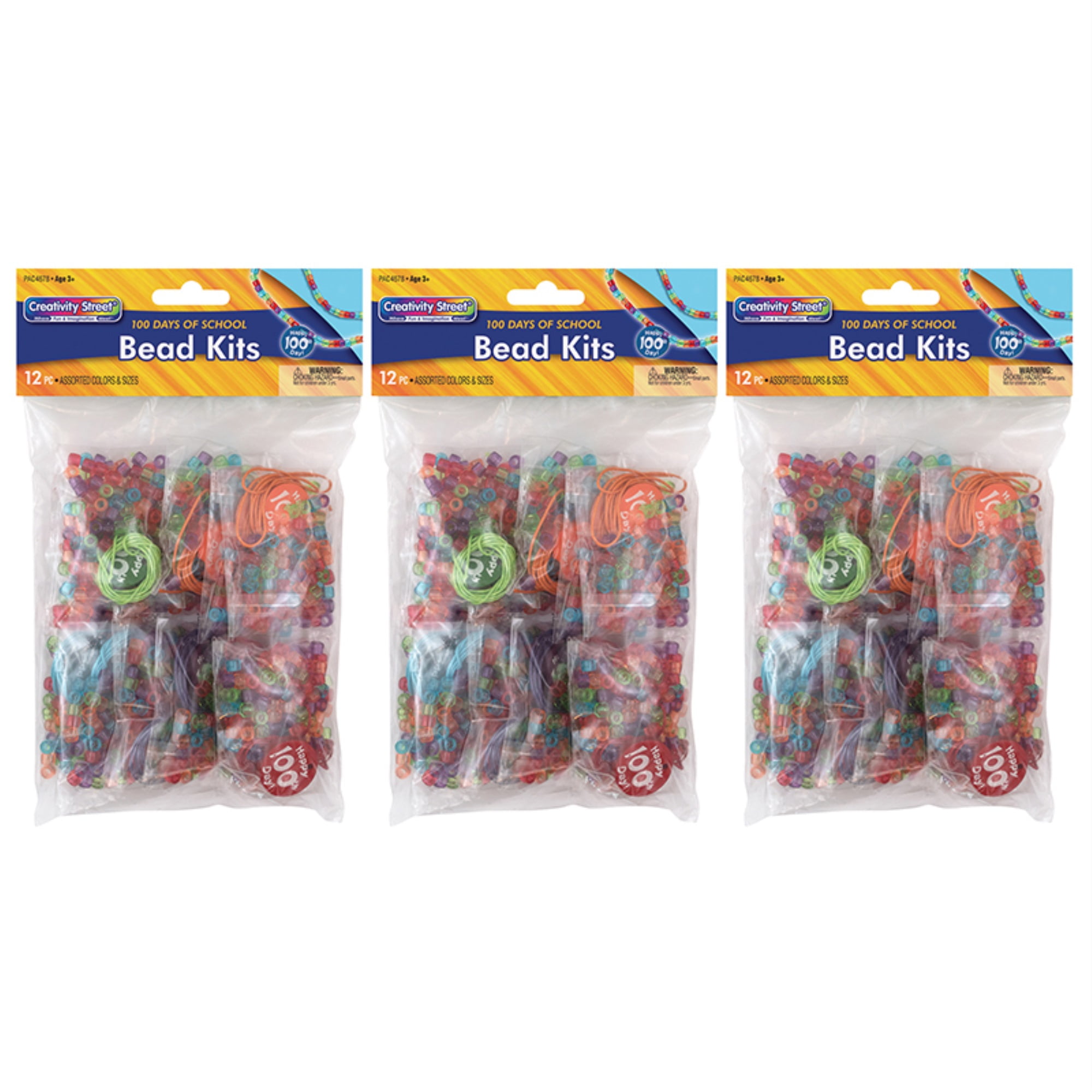 100 Days of School Bead Kit, Assorted Sizes, 12 Kits Per Pack, 3 Packs