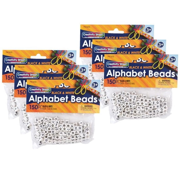 Creativity Street Alphabet Beads, Black & White, 6 mm, 150 per Pack, 6 Packs