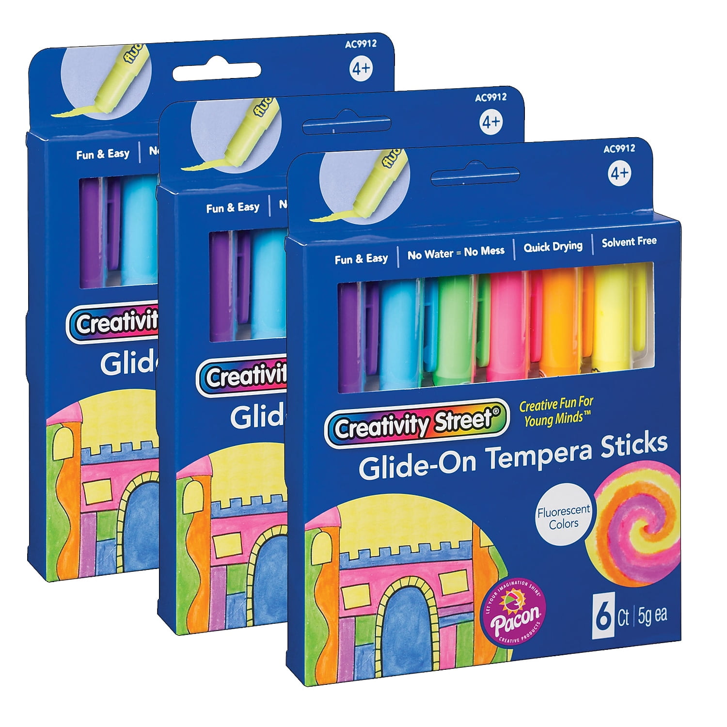 Creativity Street Glide-On Tempera Paint Sticks, Fluorescent Colors, 5 grams, 6 Per Pack, 3 Packs