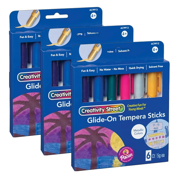 Creativity Street Glide-On Tempera Paint Sticks, Metallic Colors, 5 grams, 6 Per Pack, 3 Packs