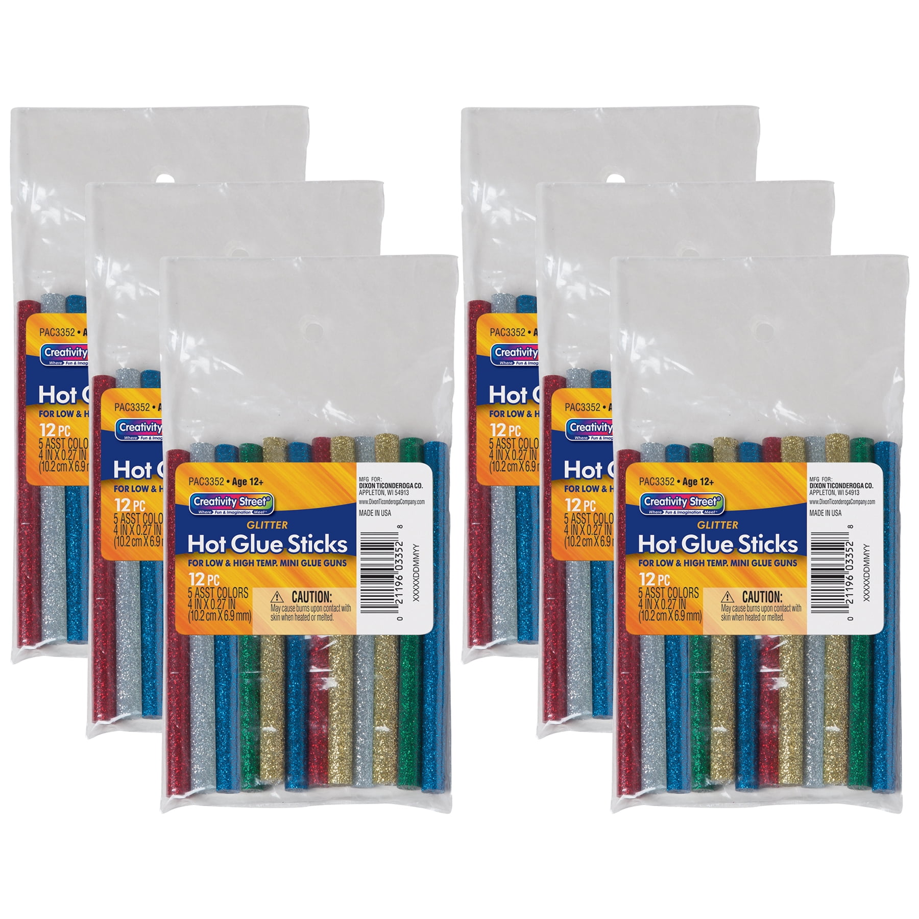 Creativity Street Hot Glue Sticks, 6 Assorted Glitter Colors, 4" x 0.31", 12 Per Pack, 6 Packs
