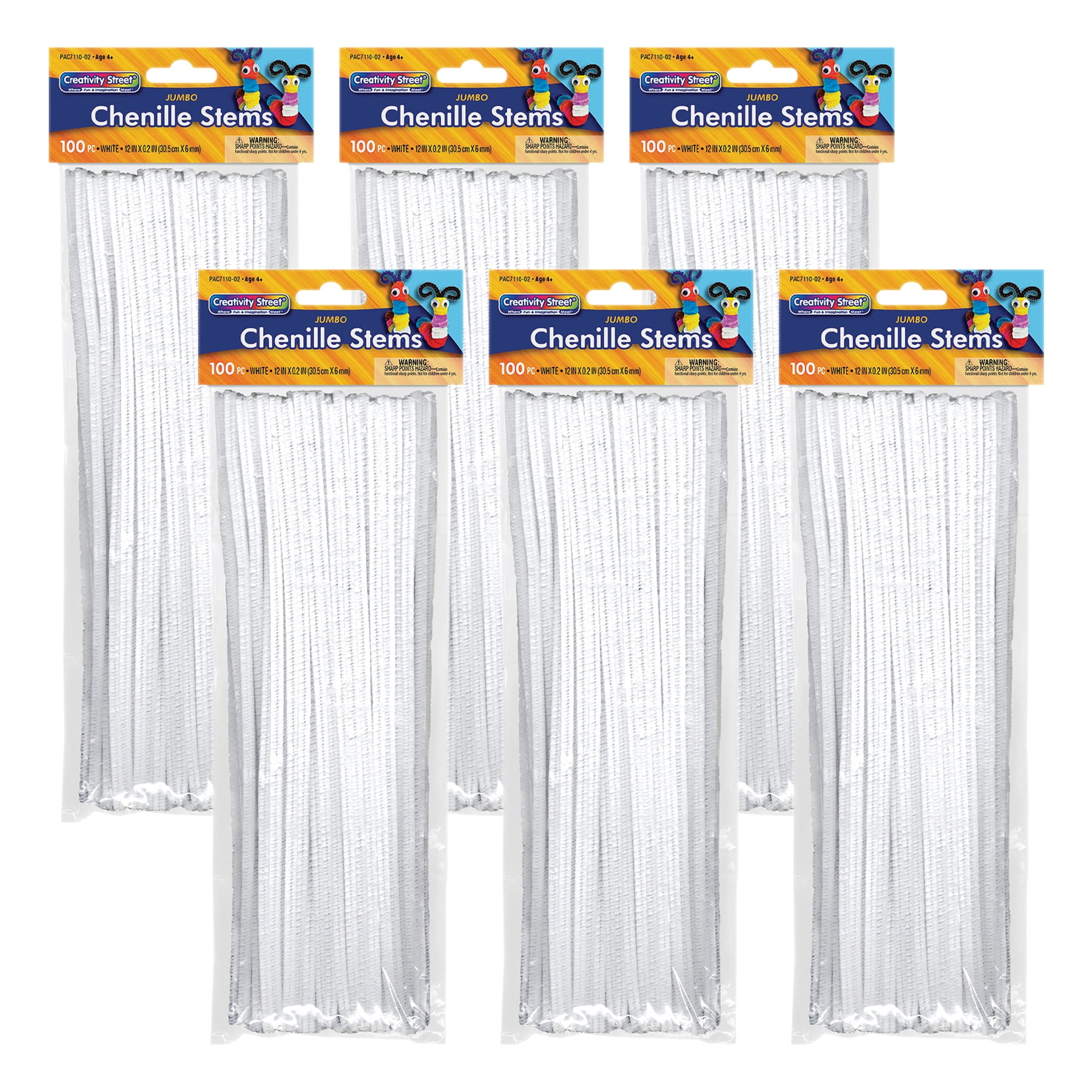 Creativity Street Jumbo Stems, White, 12" x 6 mm, 100 Per Pack, 6 Packs