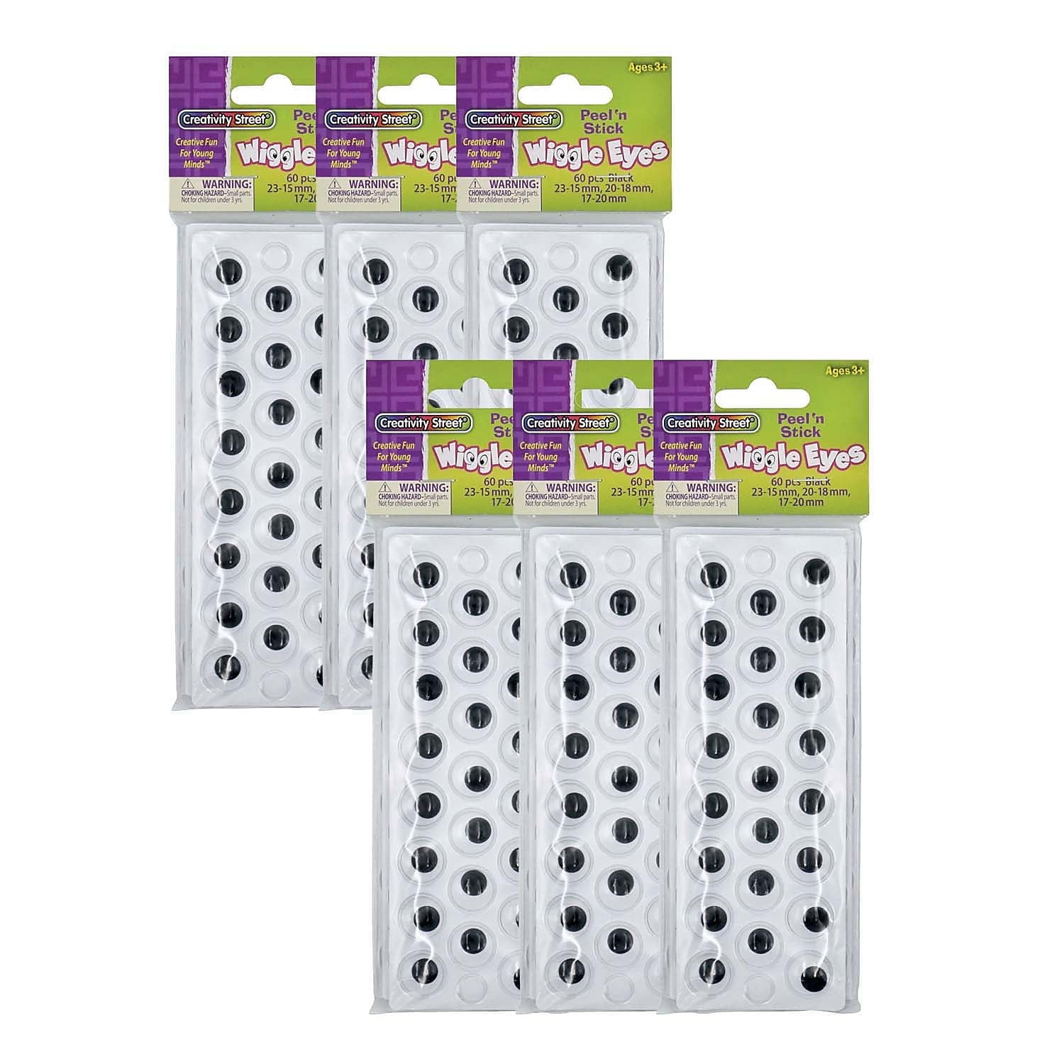 Creativity Street Peel & Stick Wiggle Eyes on Sheets Black Assorted Sizes 60/Pack 6 Packs