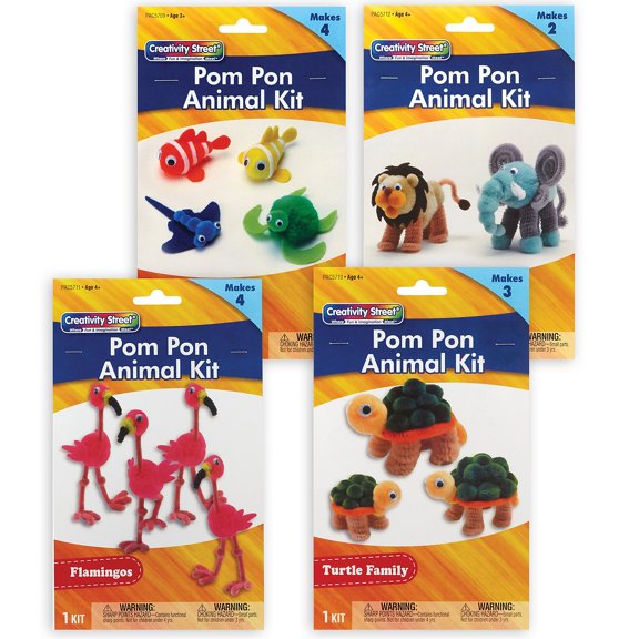 Creativity Street Pom Pon Animal Craft Kits, Ocean, Turtle, Flamingos, Lion & Elephant, 4 Kits