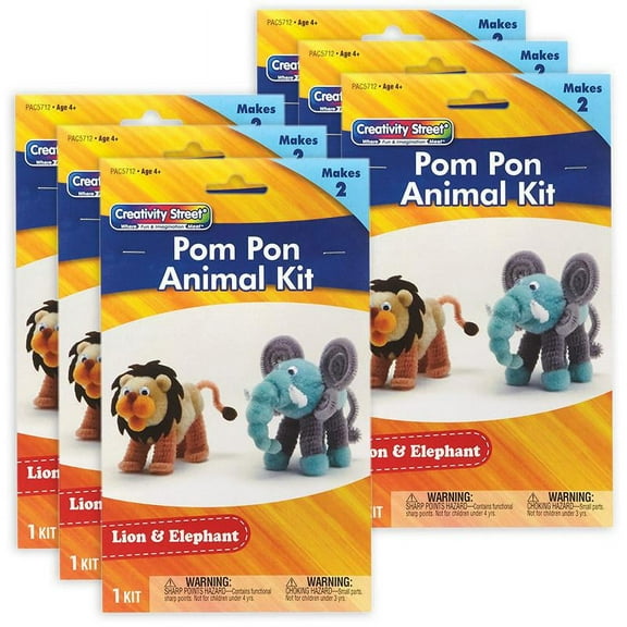 Creativity Street Pom Pon Animal Kit, Lion & Elephant, Assorted Sizes, 2 Animals Per Kit, 6 Kits
