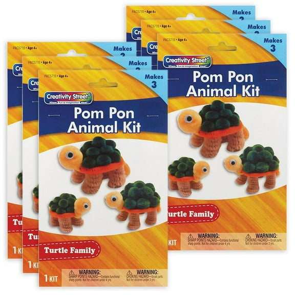 Creativity Street Pom Pon Animal Kit, Turtle Family, Assorted Sizes, 3 Turtles Per Kit, 6 Kits