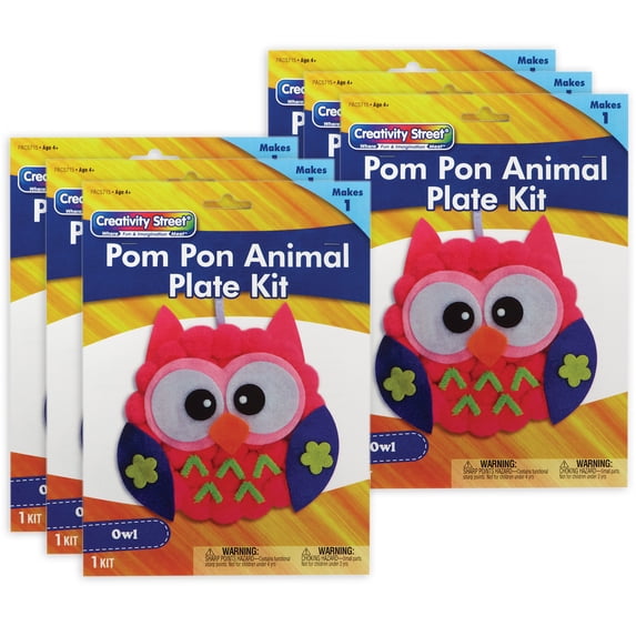 Creativity Street Pom Pon Animal Plate Kit, Owl, 7" x 8" x 1", 6 Kits