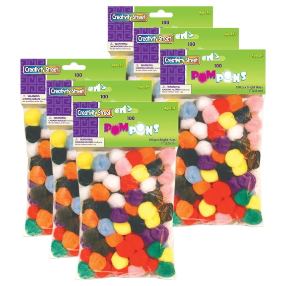 Creativity Street Pom Pons, Bright Hues Assortment, 1", 100 Per Pack, 6 Packs