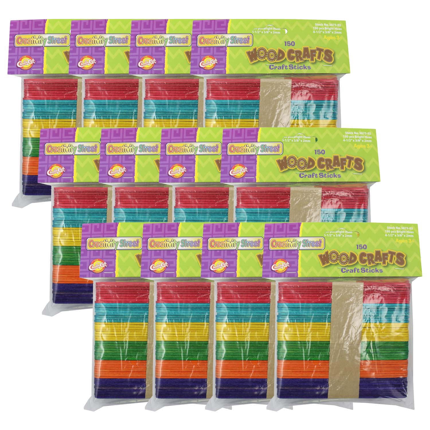 Creativity Street Regular Craft Sticks, Bright Hues Assorted, 4 1/2" x 3/8" x 2mm, 150 Per Pack, 12 Packs