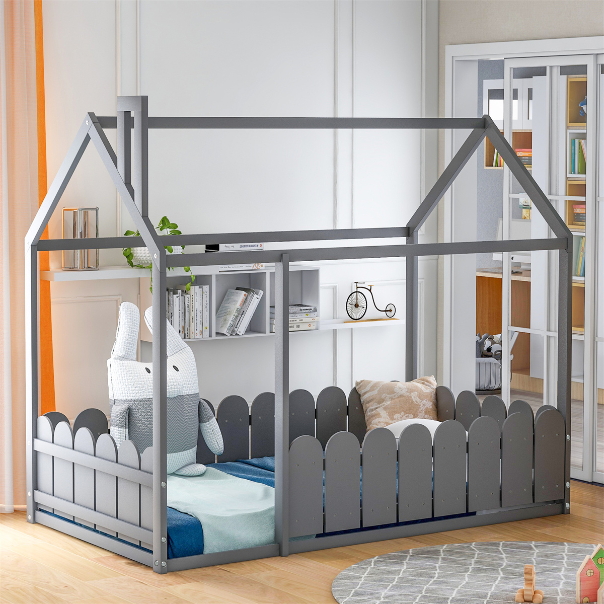 JINS&VICO Twin Size House Bed with Fence, Wood Low Bed Frame with Decorative Roof and Chimney, Playhouse Design Twin Bed for Teens Boys and Girls, Slats are Not Included, Gray - image 1 of 6