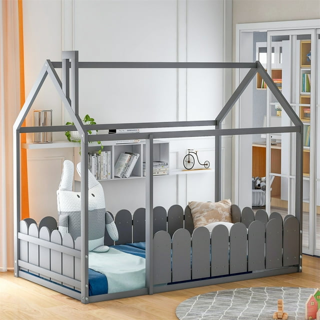JINS&VICO Twin Size House Bed with Fence, Wood Low Bed Frame with Decorative Roof and Chimney, Playhouse Design Twin Bed for Teens Boys and Girls, Slats are Not Included, Gray