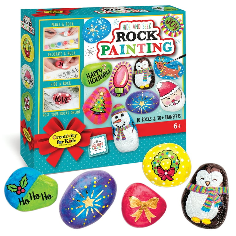 Creative Kids Rock Painting Outdoor Activity Kit for Kids – DIY Art Set w/ 10 Hide and Seek Stones, 12 Acrylic Paint Tubes & 2 Brushes – Fun Googly