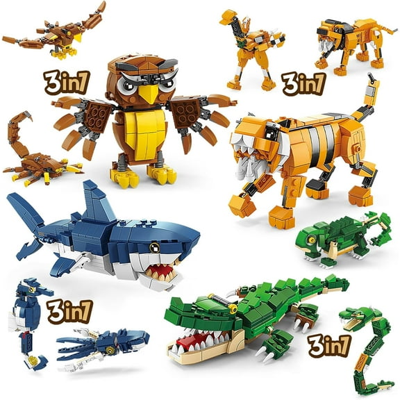 Creator 3 in 1 Animals Building Set, Owl, Shark, Crocodle, Tiger to Animal Figure Toys, Creative Collectible for 8-12 Boys Girls (1084 Pieces)