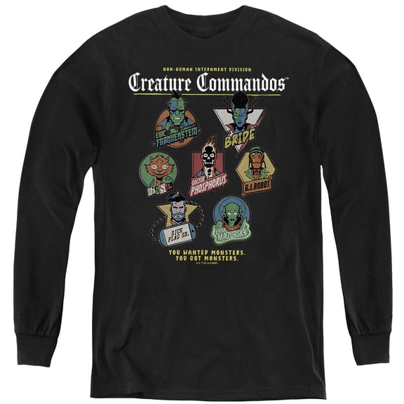 Creature Commandos Badges Youth Long Sleeve T Shirt, Black, X-Large