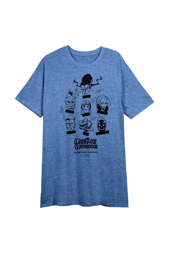 Creature Commandos Character Head Outlines Women's Blue Heather Crew Neck Short Sleeve Night Shirt -Medium
