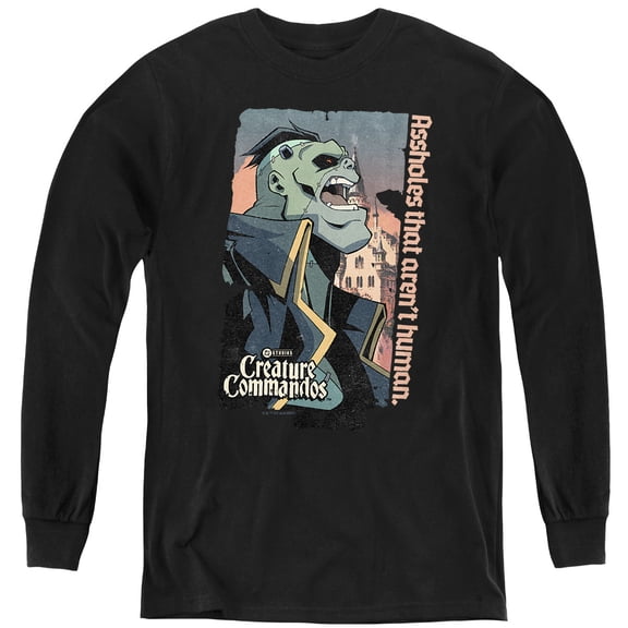 Creature Commandos Eric Frankenstein Youth Long Sleeve T Shirt, Black, Small