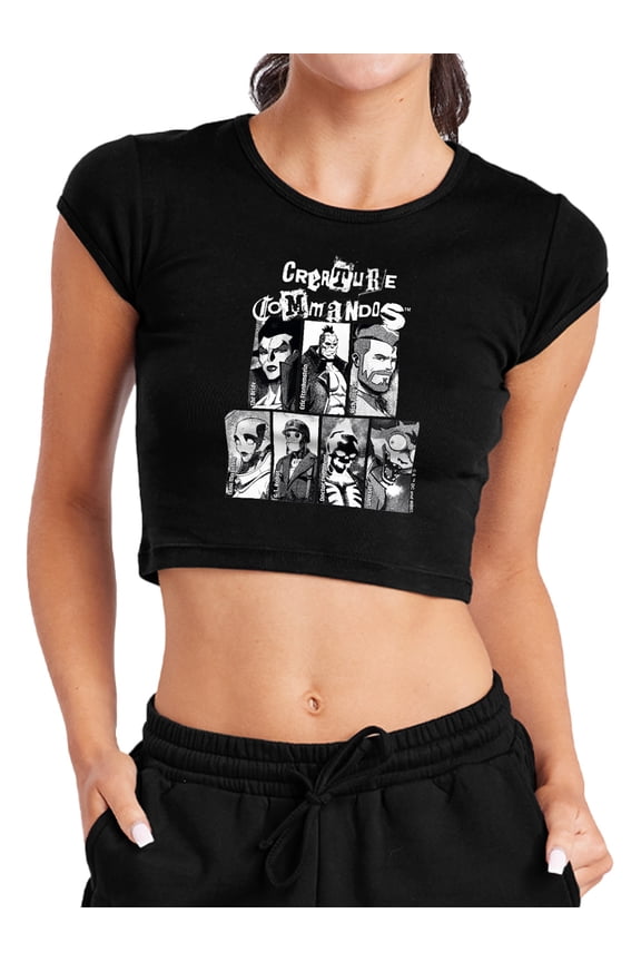 Creature Commandos Portraits Women's Cap Sleeve Baby Rib Crop Top, Black, X-Large