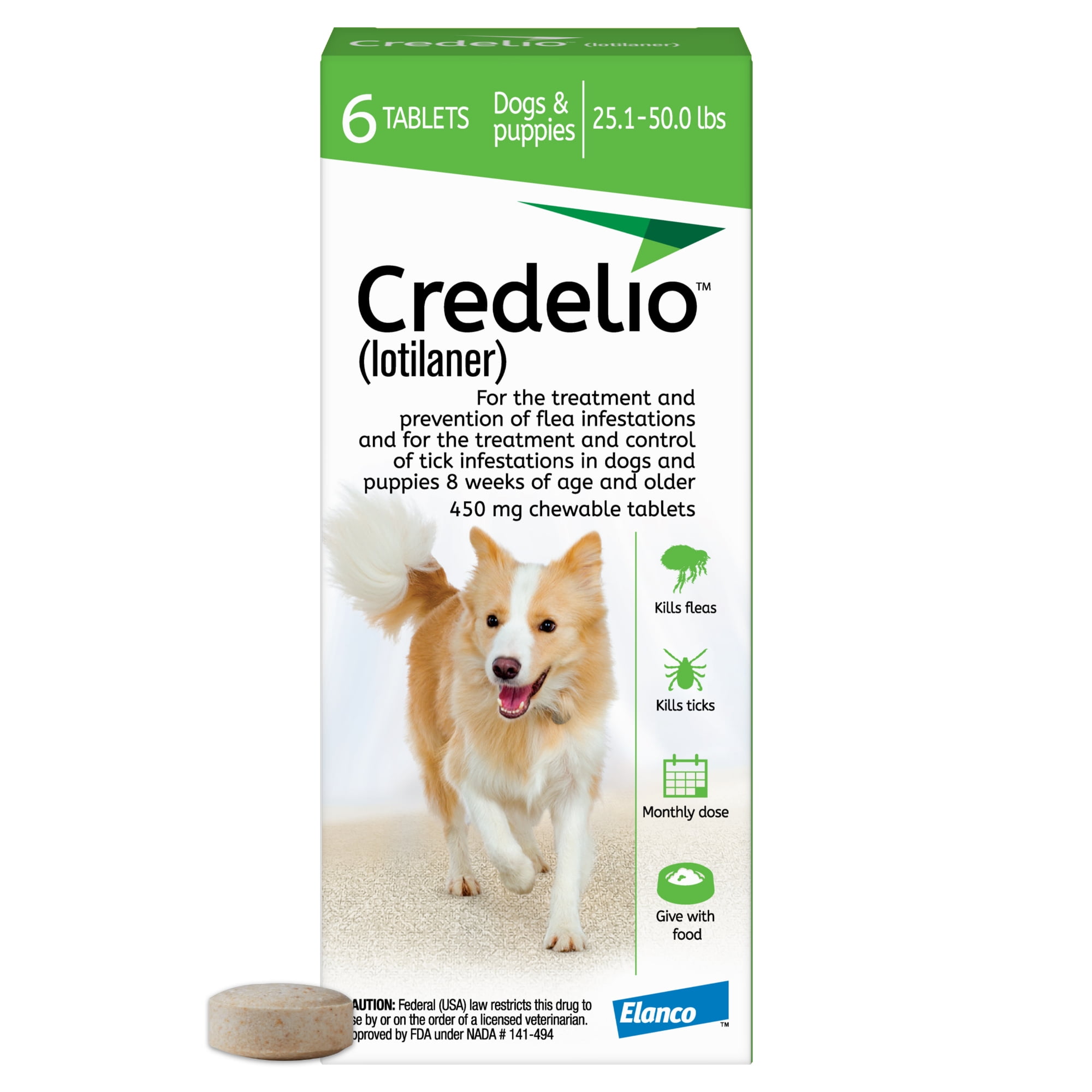 Credelio (lotilaner) Tick & Flea Treatment + Flea Infestation Protection for Dogs 25.1-50.0 lbs. (6 Tablets)