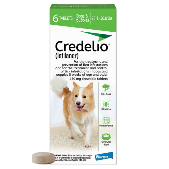 Credelio (lotilaner) Tick & Flea Treatment + Flea Infestation Protection for Dogs 25.1-50.0 lbs. (6 Tablets)