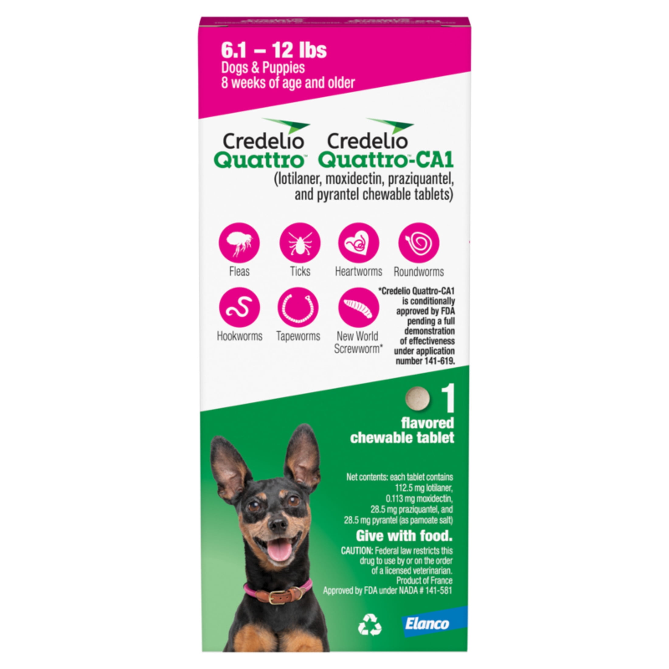 Credelio Quattro / Credelio Quattro-CA1 Dog Flea & Tick Treatment + Heartworm & Parasite Coverage, 6.1-12 lbs (1 Chewable Tablet)