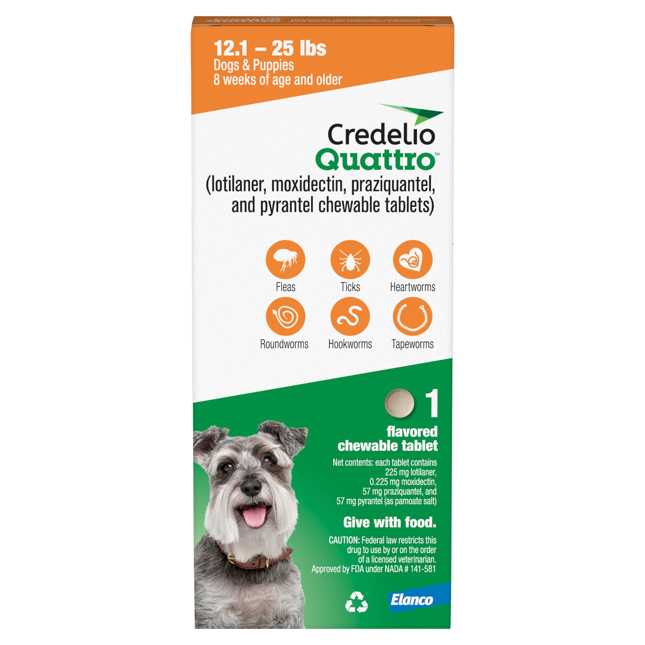 Credelio Quattro / Credelio Quattro-CA1 Dog Flea & Tick Treatment + Heartworm & Parasite Coverage, 12.1-25 lbs